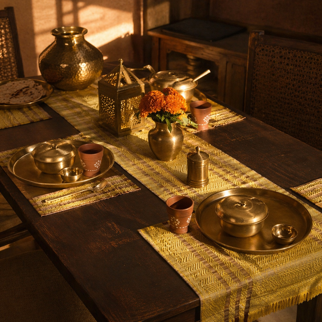 Madur Lemon Handwoven Grass Table Runner, The Gathered Table. Handmade in India by House of Taraasha.