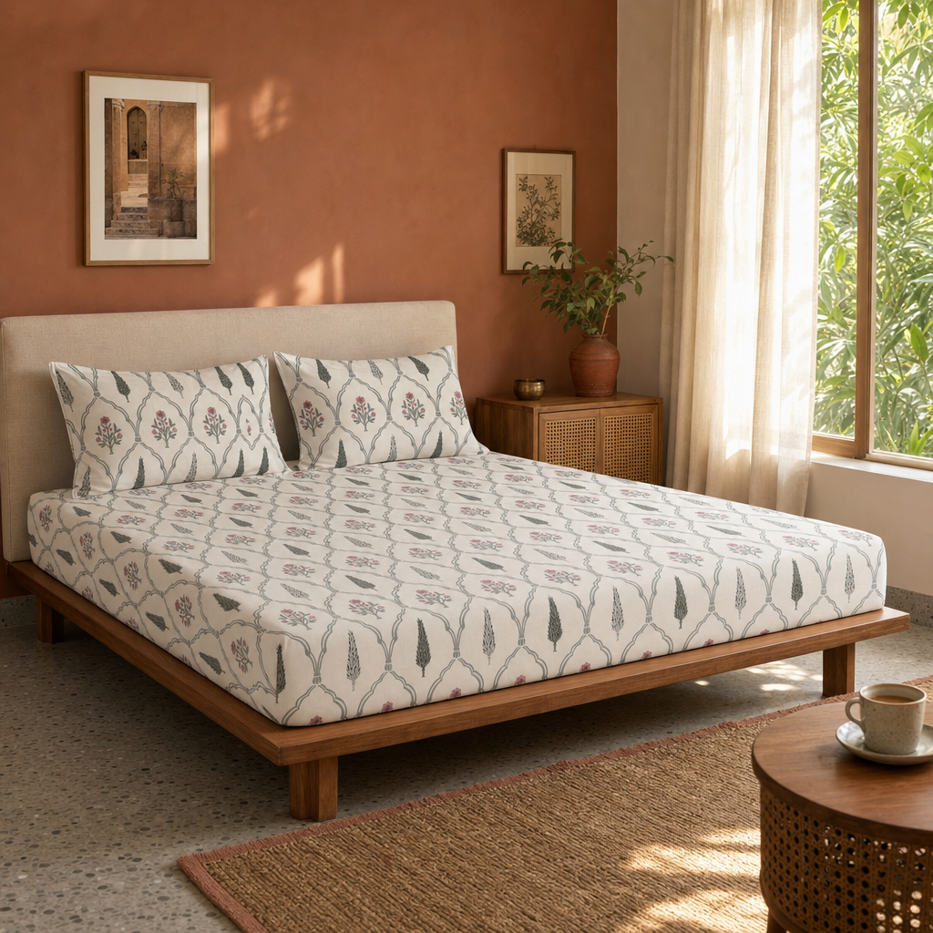 Cypress Pink Hand-Printed Floral Bedsheet in a modern home