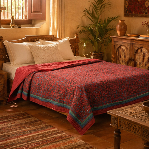 Chintz Brick Red and Navy Quilted Bed Cover, The Linen Room. Handmade in India by House of Taraasha.