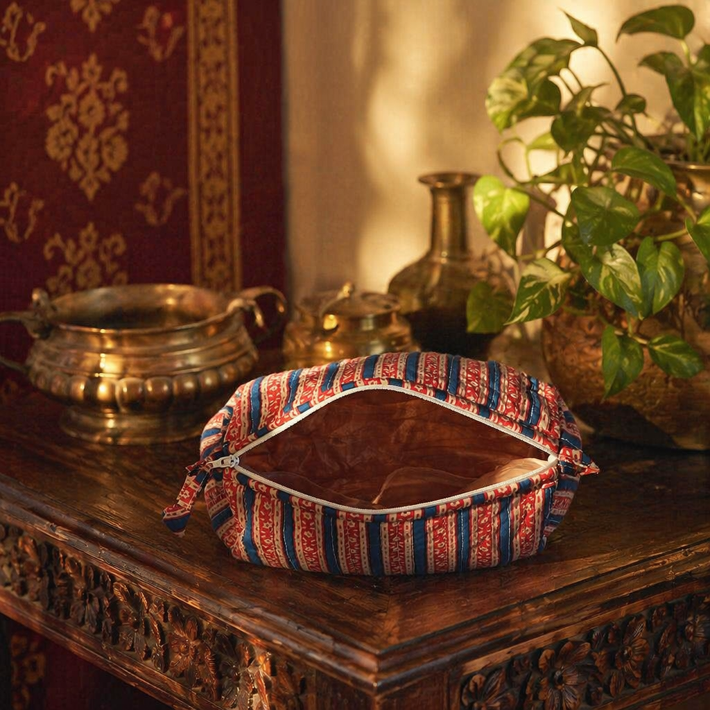 Quilted Block-Print Pouch Red and Blue, Small, The Gift Room. Handmade in India by House of Taraasha.