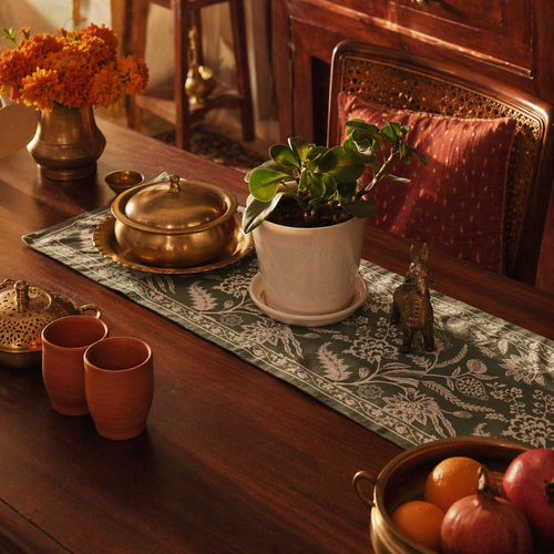 Cotton Canvas Runner Aqua Green, The Gathered Table. Handmade in India by House of Taraasha.