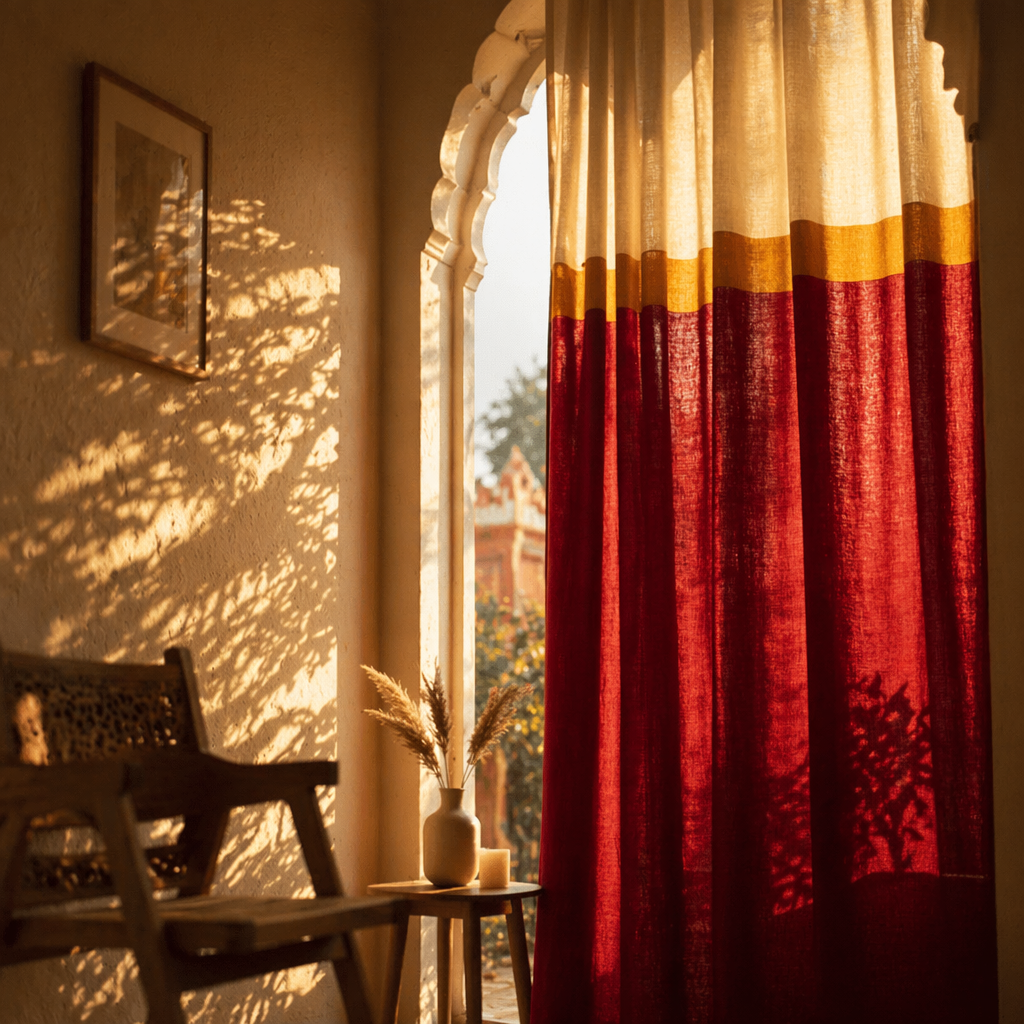 Reversible Maroon Cotton Curtain and Cushion Room Set, The Draped Window. Handmade in India by House of Taraasha.
