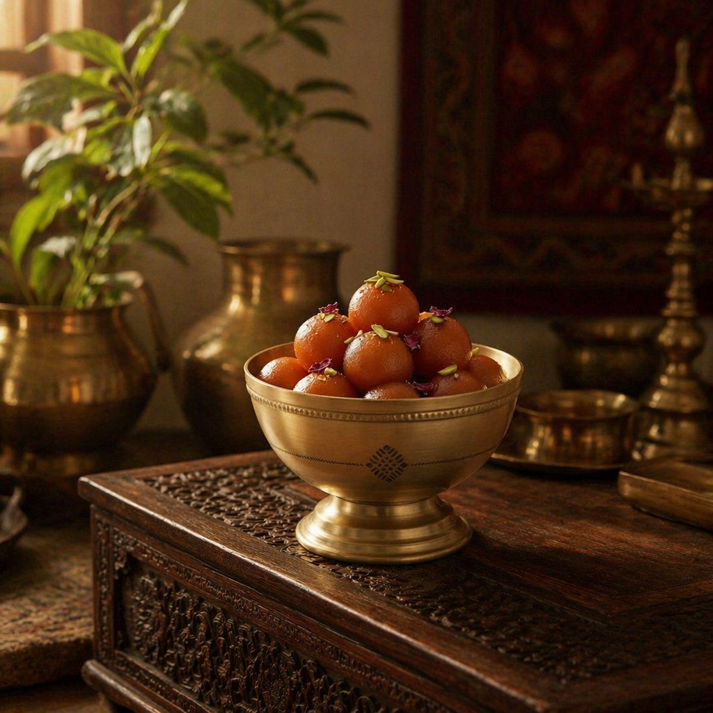 Kanjeevaram Brass Polished Serving Bowl, The Brass Atelier. Handmade in India by House of Taraasha.