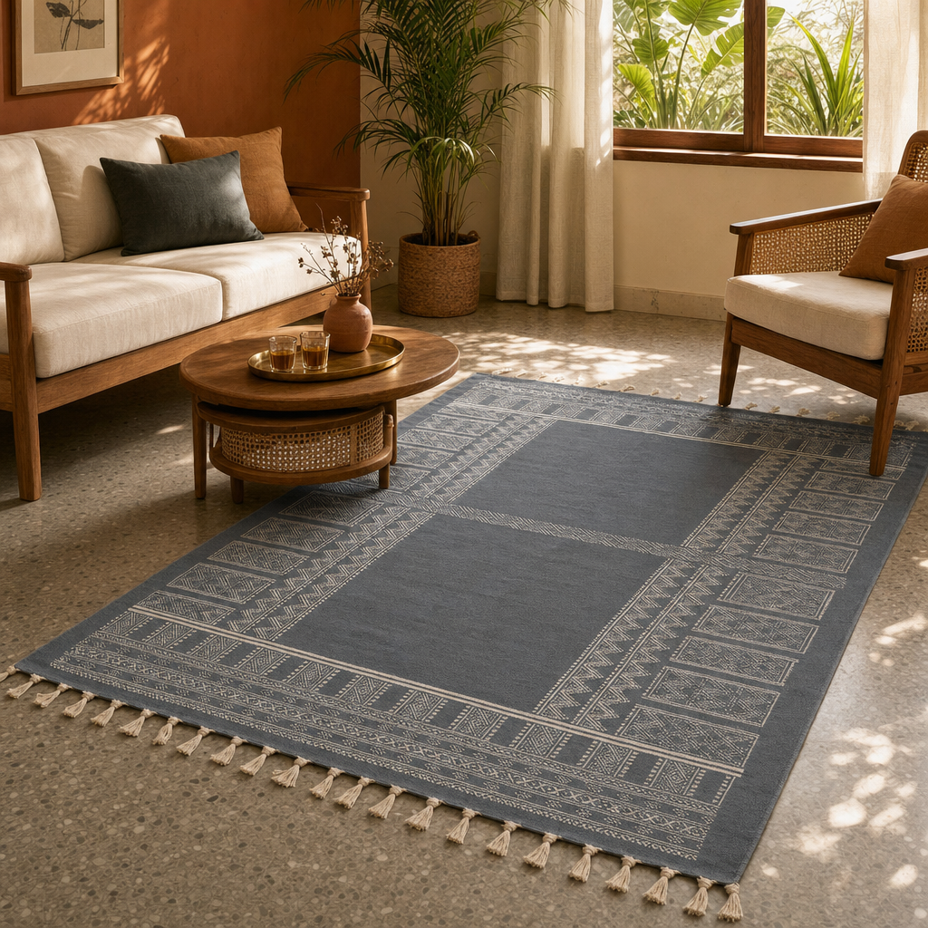 Jaipuri Grey Hand-Printed Cotton Floor Rug in a modern home