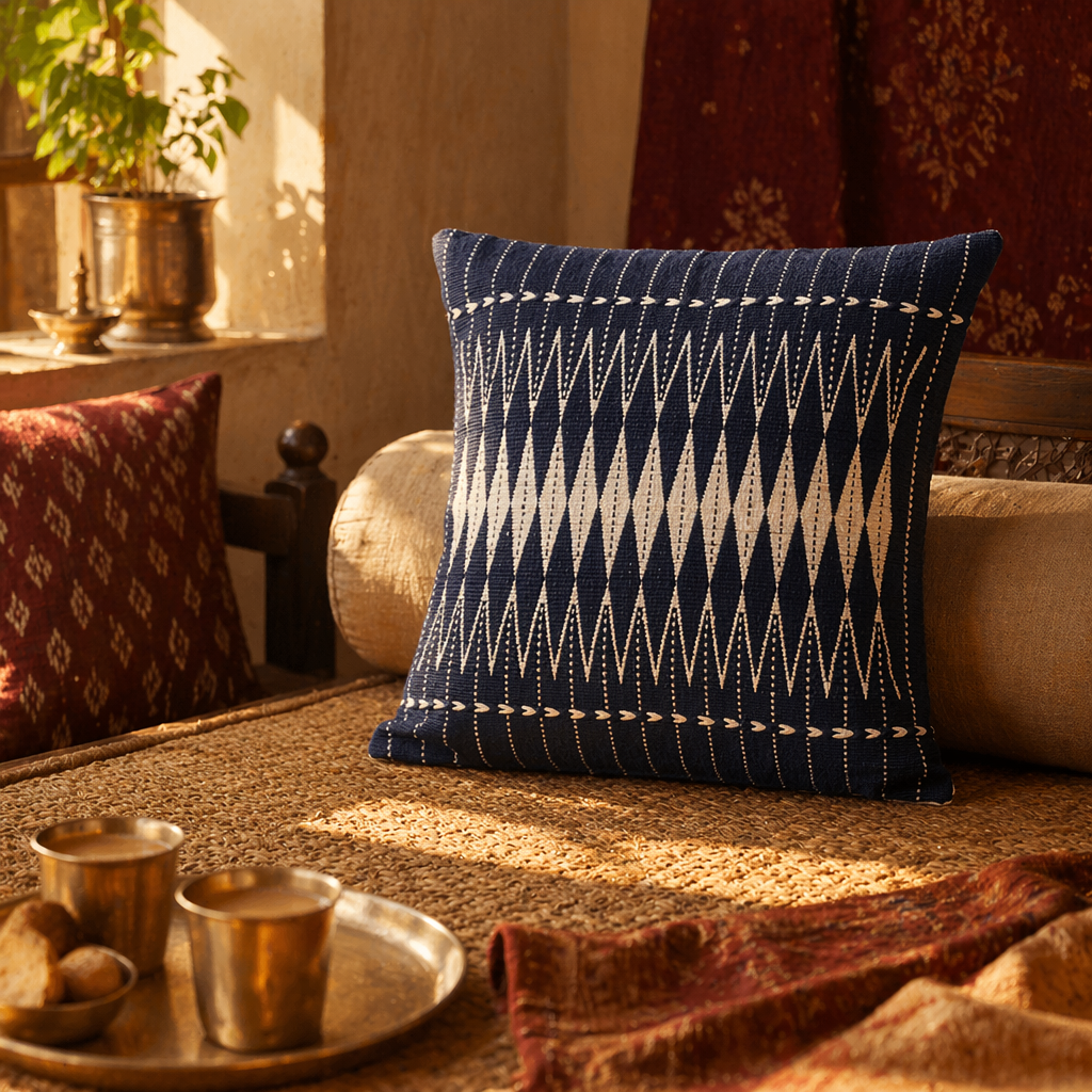 Naga Indigo Backstrap-Loom Woven Tribal Cushion Cover, The Living Room. Handmade in India by House of Taraasha.