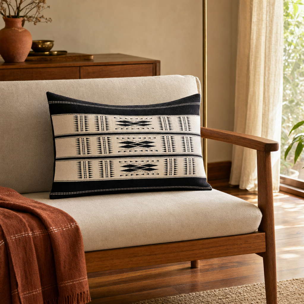Naga Tribal Backstrap-Loom Rectangular Monochrome Cover in a modern home
