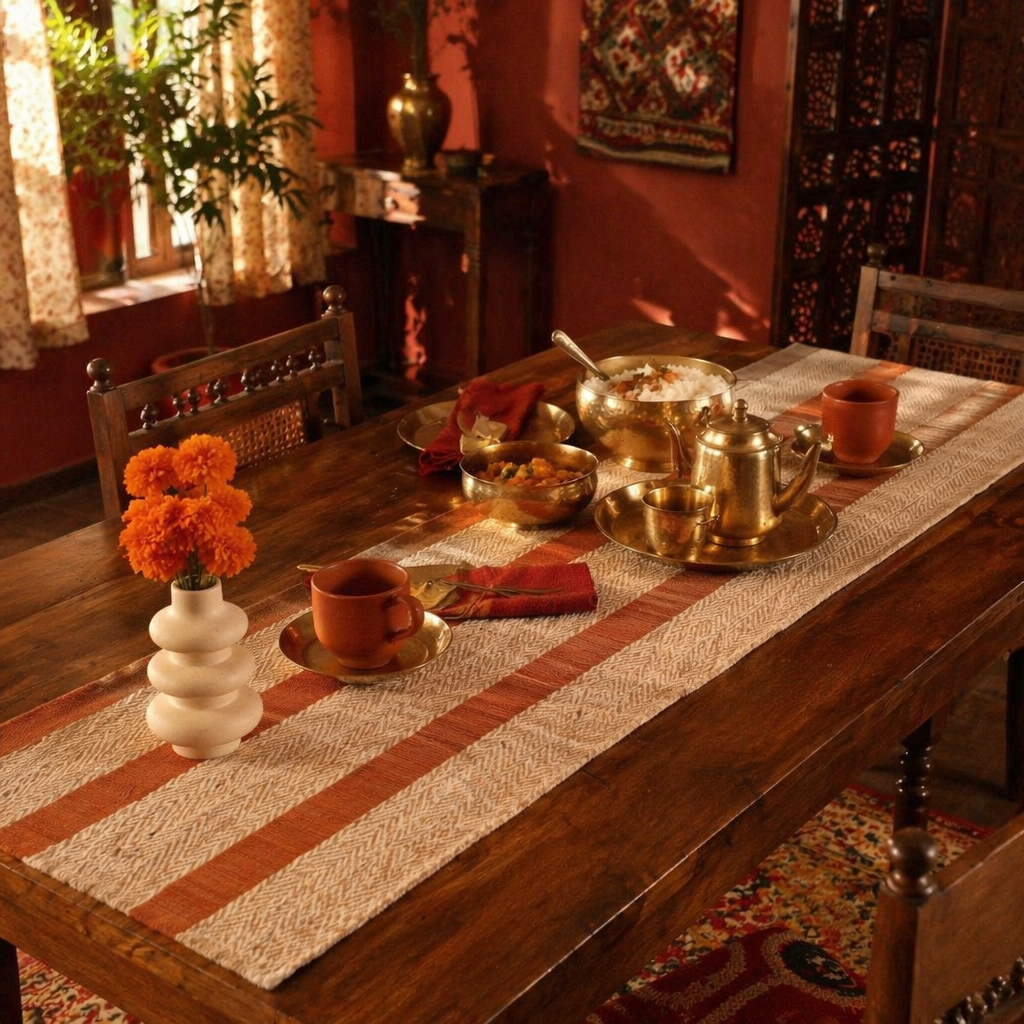 Madur Rust Handwoven Grass Table Runner, The Gathered Table. Handmade in India by House of Taraasha.