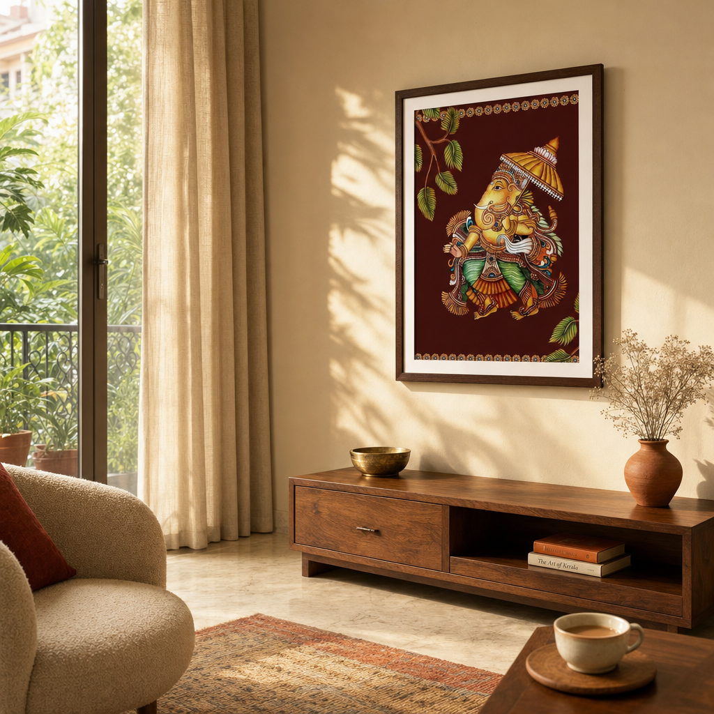Kerala Mural Ganesha Temple Art Print in a modern home