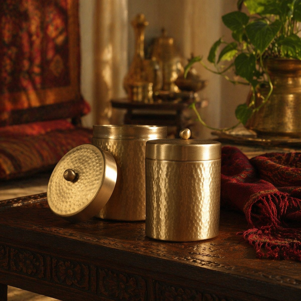 Moradabad Hammered Pure Brass Dabba, Large, The Brass Atelier. Handmade in India by House of Taraasha.