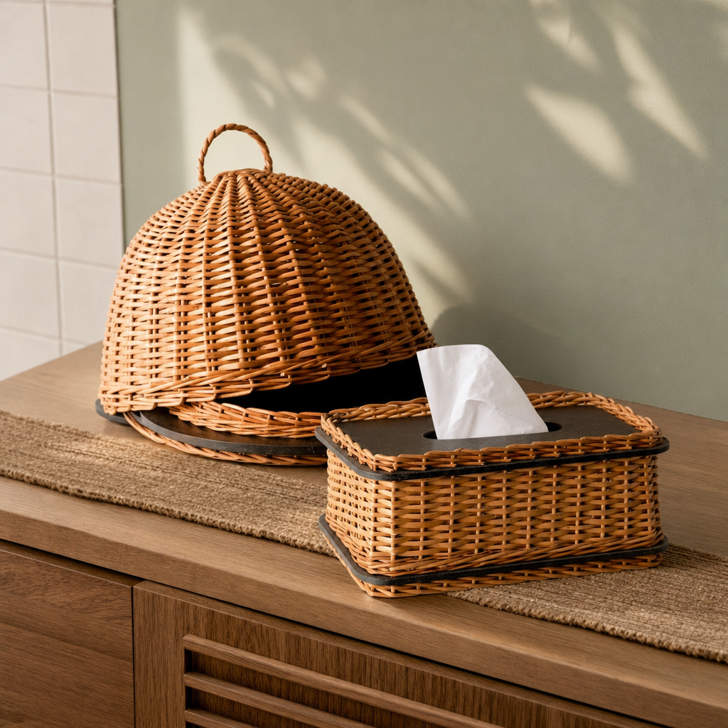 Kashmir Willow Cloche Platter & Tissue Box in a modern home