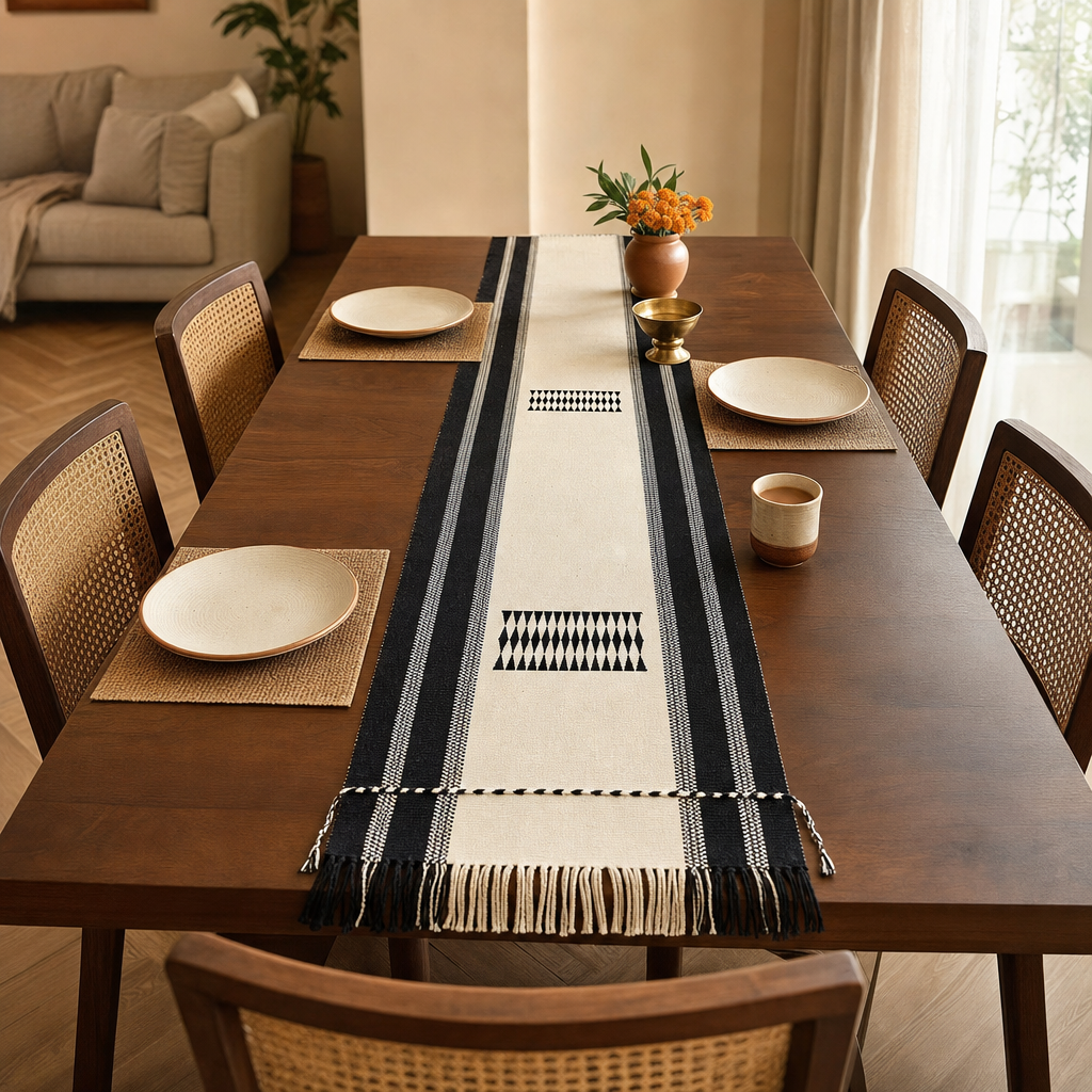 Black & White Tribal Naga Backstrap-Woven Runner in a modern home