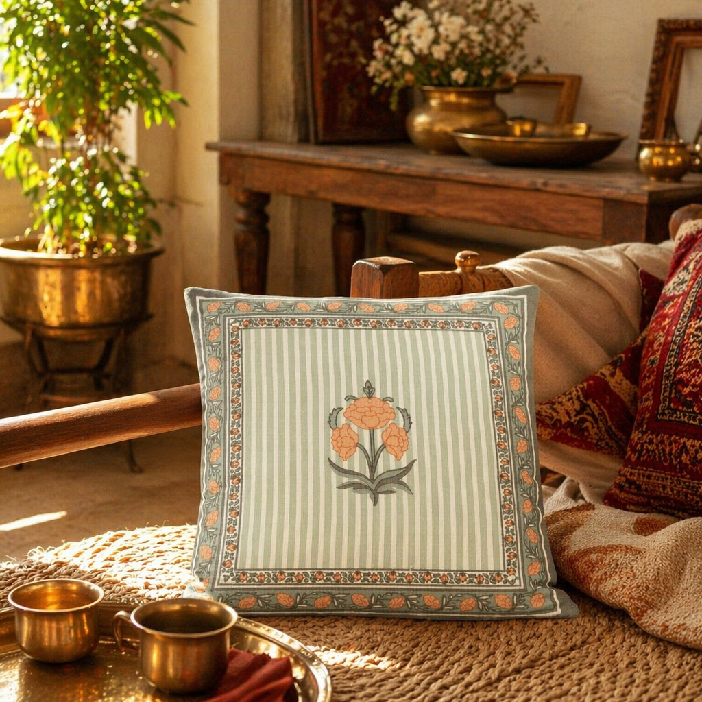 Floral Green and Dusty Pink Hand-Printed Cushion Cover, The Living Room. Handmade in India by House of Taraasha.