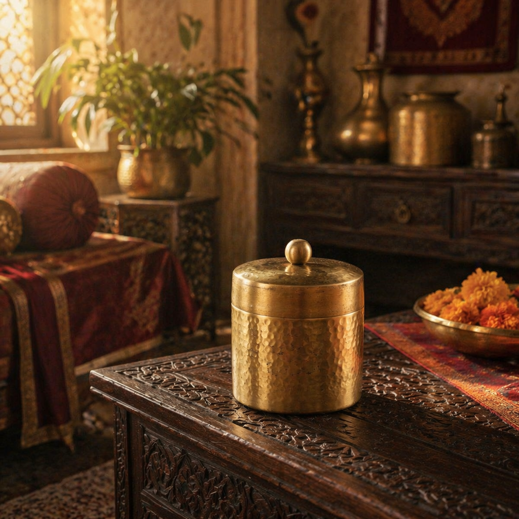 Moradabad Hammered Pure Brass Dabba, Small, The Brass Atelier. Handmade in India by House of Taraasha.