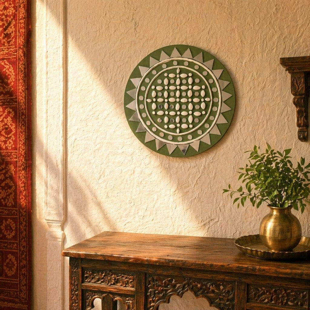 Olive Lippan Mud & Mirror Wall Disc, The Art Wall. Handmade in India by House of Taraasha.
