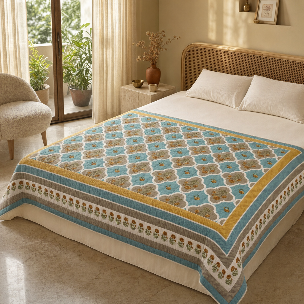 Sanganer Hand Block-Printed Mulmul Cotton AC Comforter in a modern home