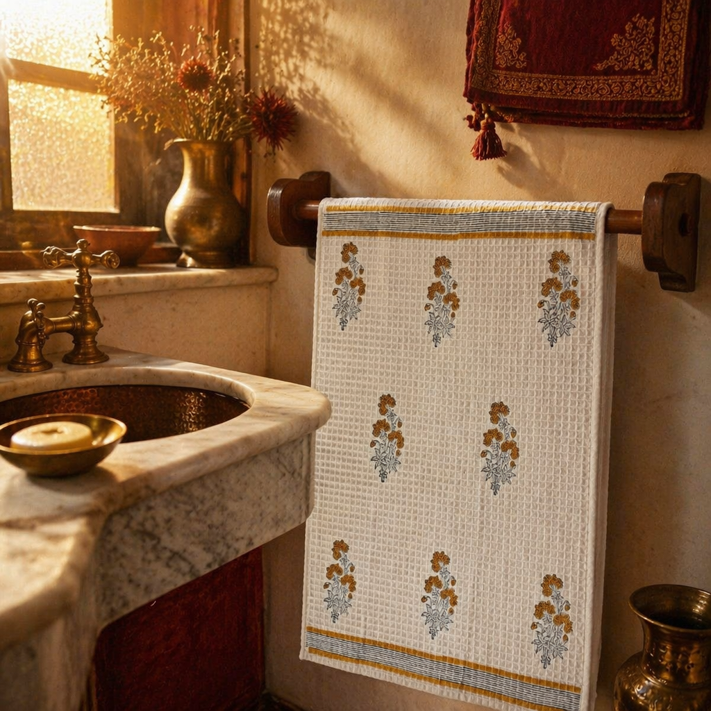 Yellow Floral Hand Block-Printed Cotton Hand Towel, The Linen Room. Handmade in India by House of Taraasha.