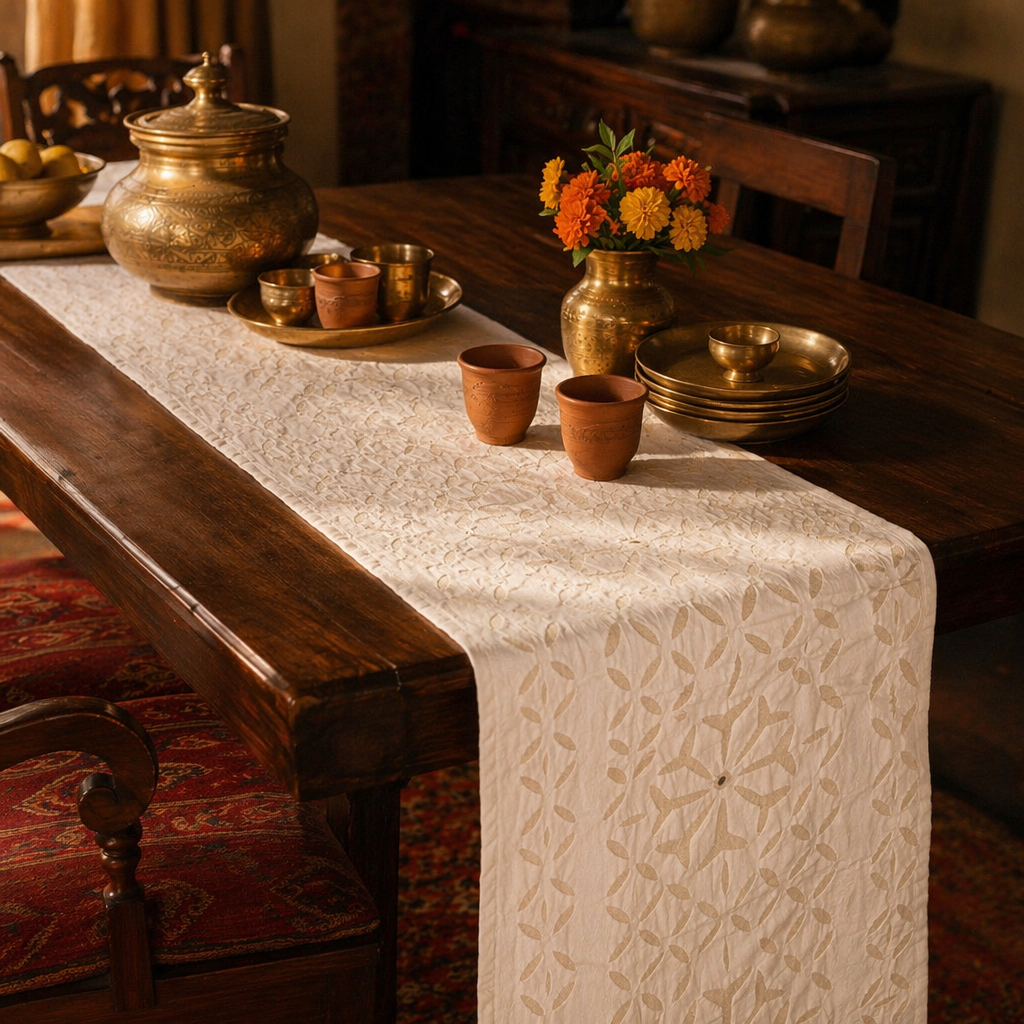 Applique Cutwork Runner Lily White with Mirrors, The Gathered Table. Handmade in India by House of Taraasha.