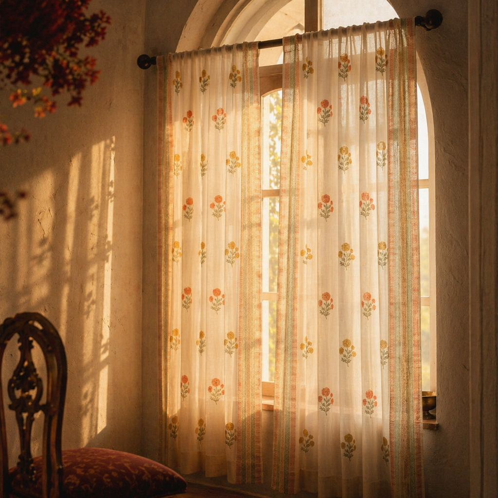 Mulmul Marigold Sheer Rust Mustard and Teal Curtain, The Draped Window. Handmade in India by House of Taraasha.