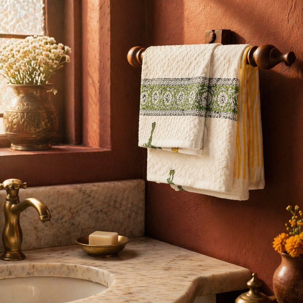 Marigold Pattern Hand Block-Printed Cotton Towels, The Linen Room. Handmade in India by House of Taraasha.