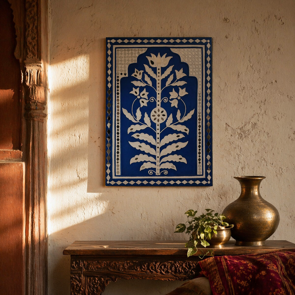 Persian Blue Lippan Wall Hanging Jodhpur Motif, The Art Wall. Handmade in India by House of Taraasha.