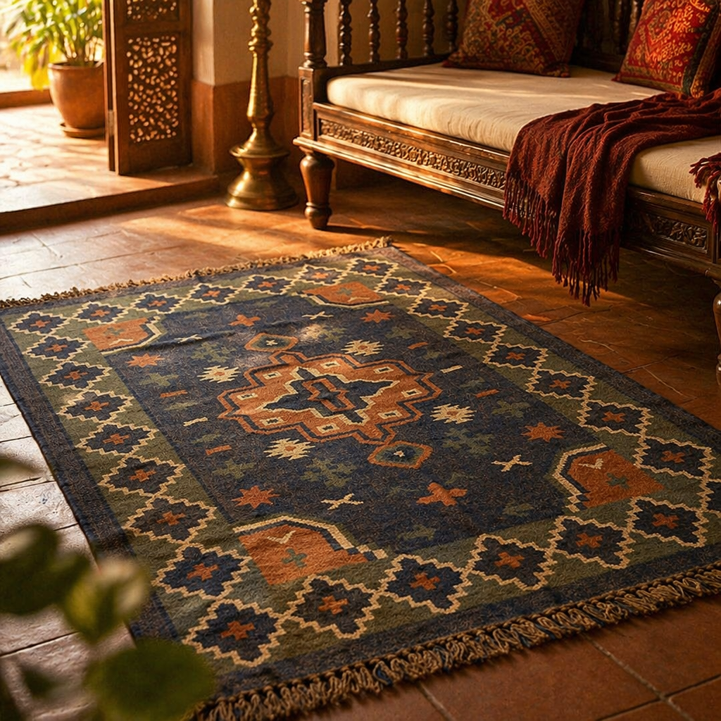 Geometric Indigo Punja-Woven Jute and Wool Rug, The Woven Floor. Handmade in India by House of Taraasha.