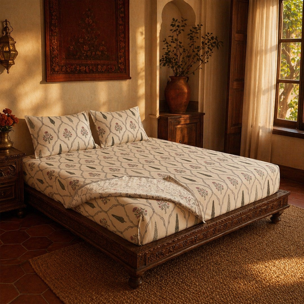 Cypress Pink Hand-Printed Floral Bedsheet, The Linen Room. Handmade in India by House of Taraasha.