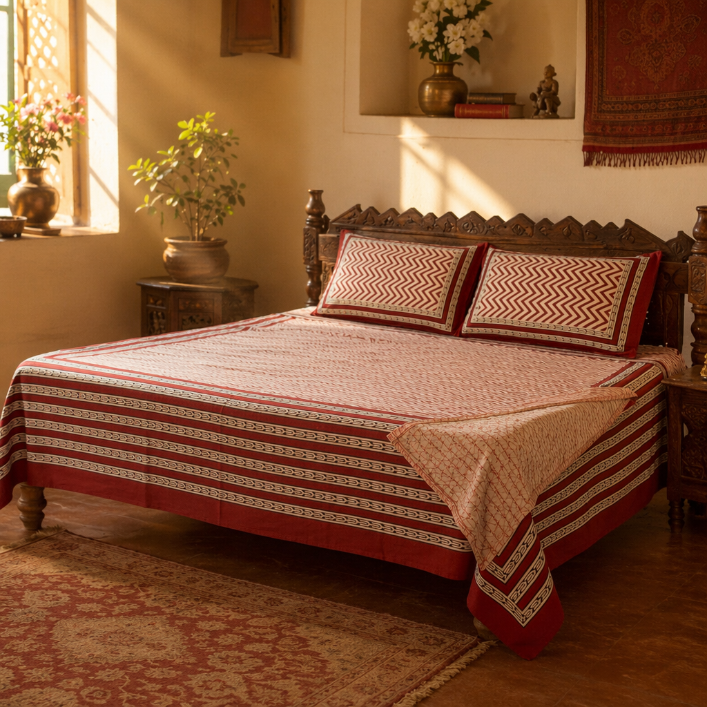 Maroon & Black Bagru Chevron Bedsheet, The Linen Room. Handmade in India by House of Taraasha.