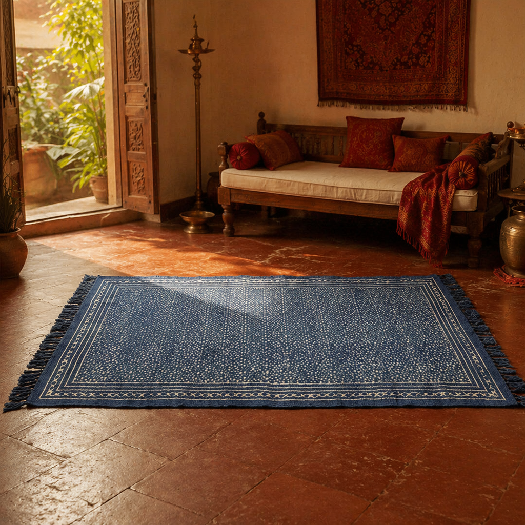 Dabu Lattice Mud-Resist Block-Printed Indigo Cotton Rug, The Woven Floor. Handmade in India by House of Taraasha.