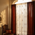 Royal Courtyards Rust & Maroon Woven-Sheer Curtain Set of Four, The Draped Window. Handmade in India by House of Taraasha.