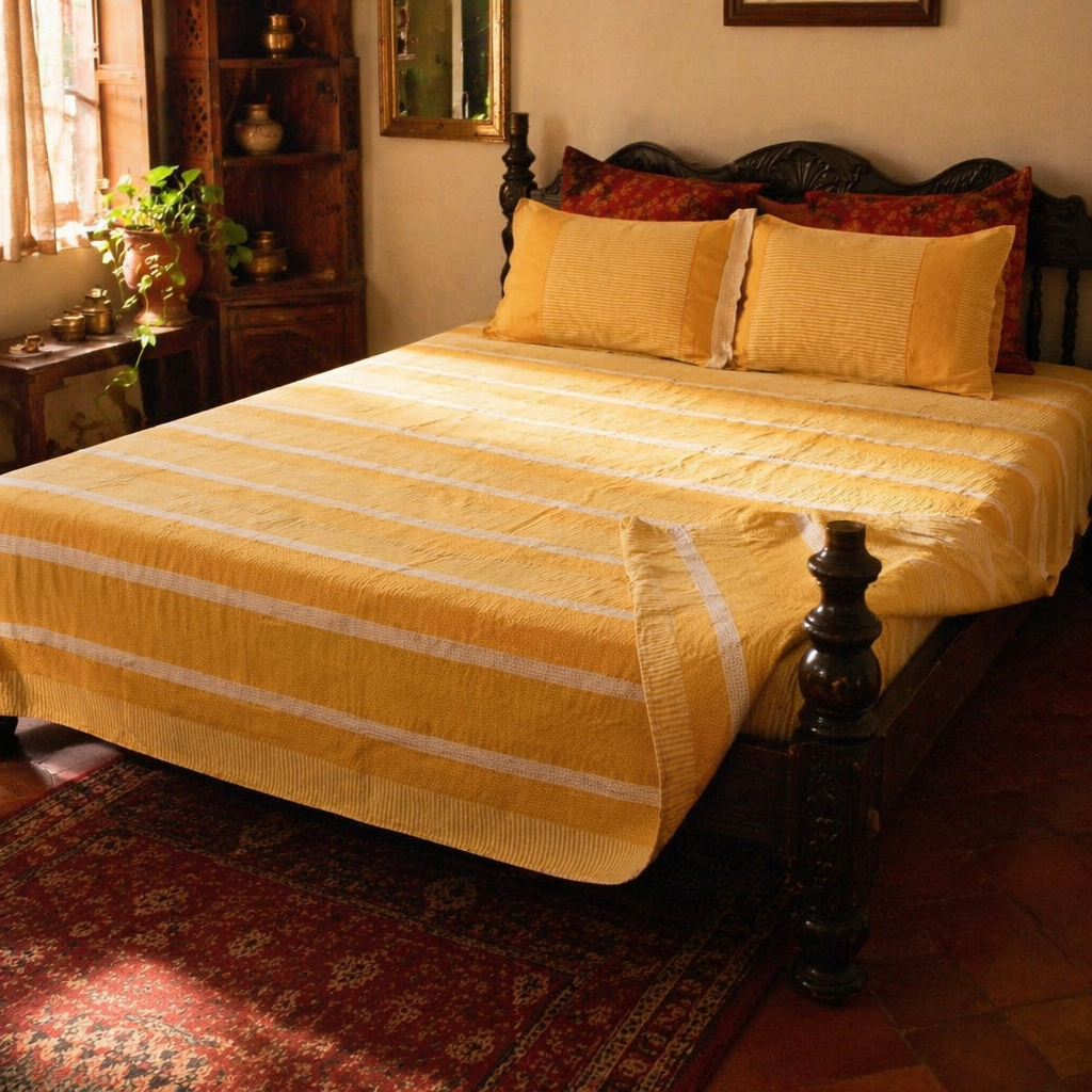 Mustard & Off-White Textured Cotton Bedsheet, The Linen Room. Handmade in India by House of Taraasha.