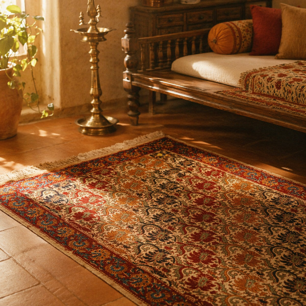 Kalamkari Earth Tones Floral Block-Printed Cotton Rug, The Woven Floor. Handmade in India by House of Taraasha.