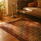 Kalamkari Earth Tones Floral Block-Printed Cotton Rug, The Woven Floor. Handmade in India by House of Taraasha.