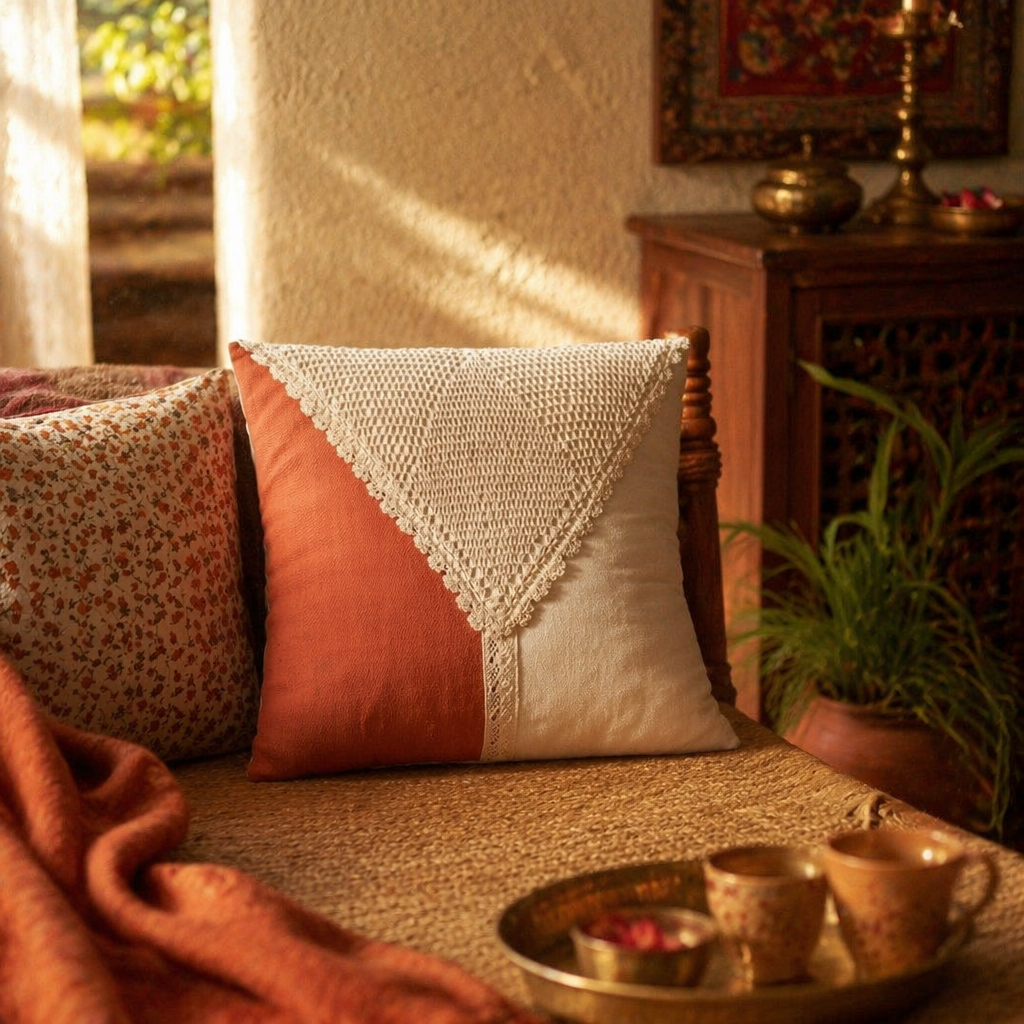 Crochet-Flap Rust and Off-White Cotton Cushion Cover, The Living Room. Handmade in India by House of Taraasha.