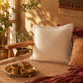 Quad Pattern White Hand-Crocheted Cushion Cover, The Living Room. Handmade in India by House of Taraasha.