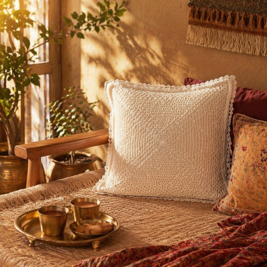 Quad Pattern White Hand-Crocheted Cushion Cover, The Living Room. Handmade in India by House of Taraasha.
