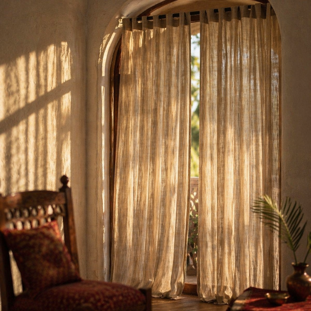 Handwoven Stripe Beige Cotton Curtain, The Draped Window. Handmade in India by House of Taraasha.