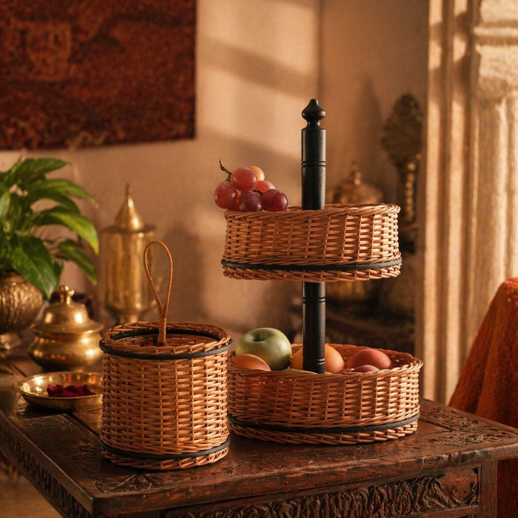 Kashmiri Willow Wicker Fruit Basket & Cutlery Holder, The Wicker House. Handmade in India by House of Taraasha.