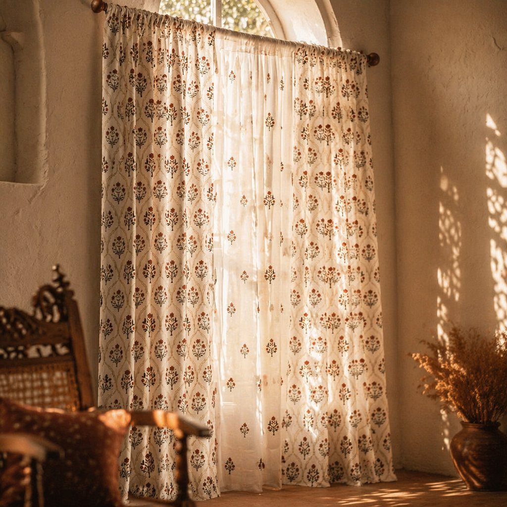 Royal Courtyards Rust & Maroon Printed-Sheer Set of Three, The Draped Window. Handmade in India by House of Taraasha.