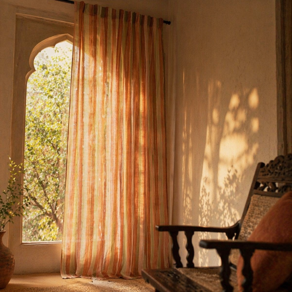 Rust & Green Stripe Handwoven Pure Cotton Door Curtain, The Draped Window. Handmade in India by House of Taraasha.