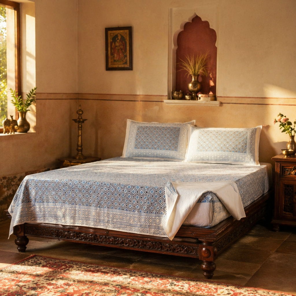 Mustard & Black Bagru Tiled Geometric Bedsheet, The Linen Room. Handmade in India by House of Taraasha.