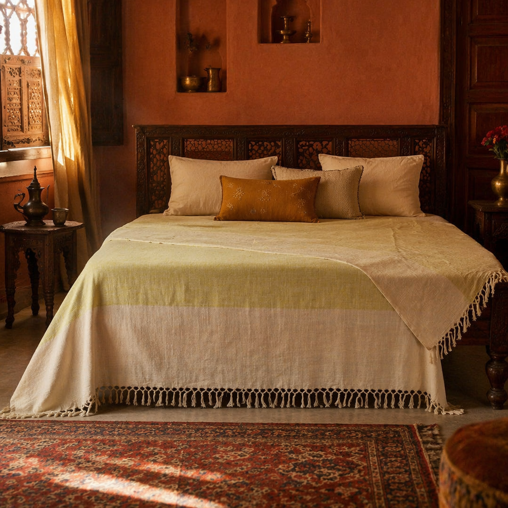 Leaf Green and Beige Handwoven Cotton Bed Cover, The Linen Room. Handmade in India by House of Taraasha.