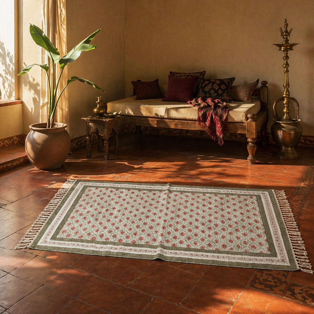 Green and Dusty Pink Royal Courtyards Floral Rug, The Woven Floor. Handmade in India by House of Taraasha.