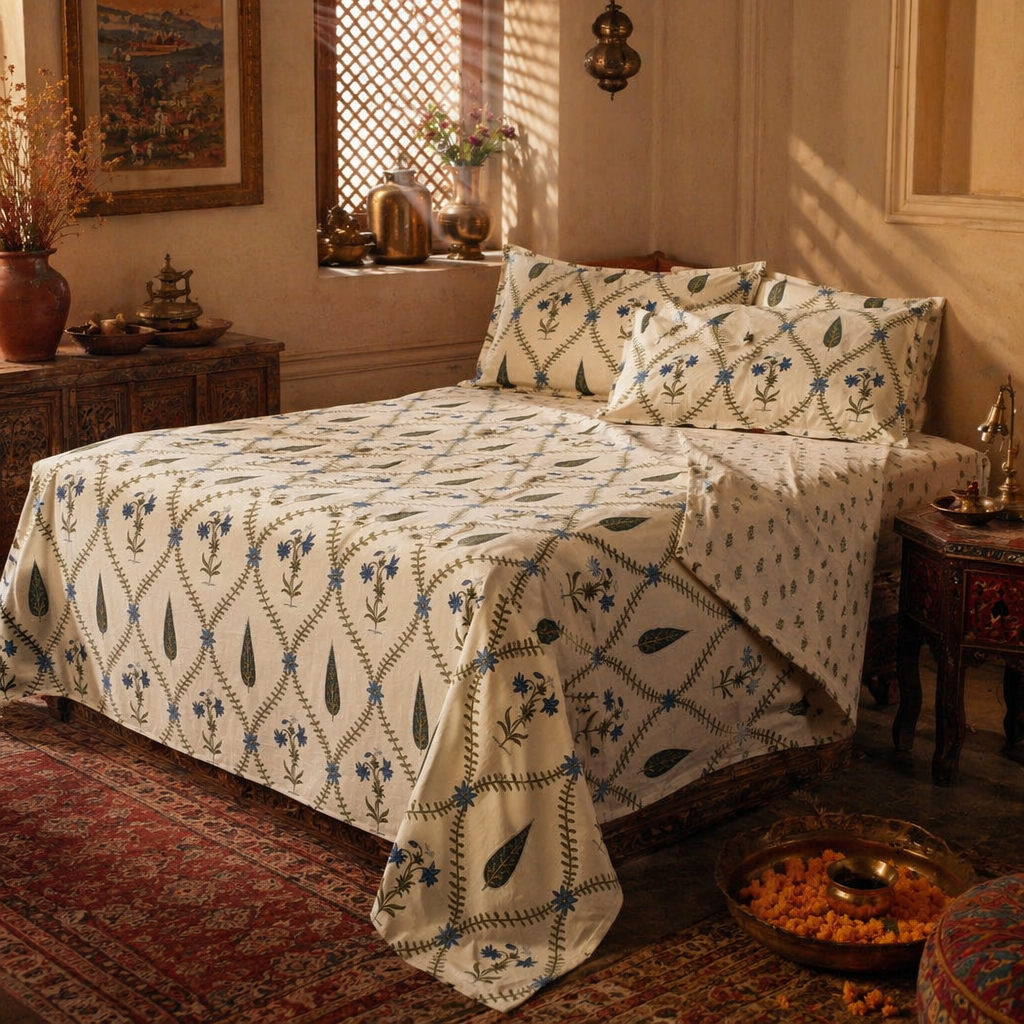 Cypress Blue Hand-Printed Floral Bedsheet, The Linen Room. Handmade in India by House of Taraasha.