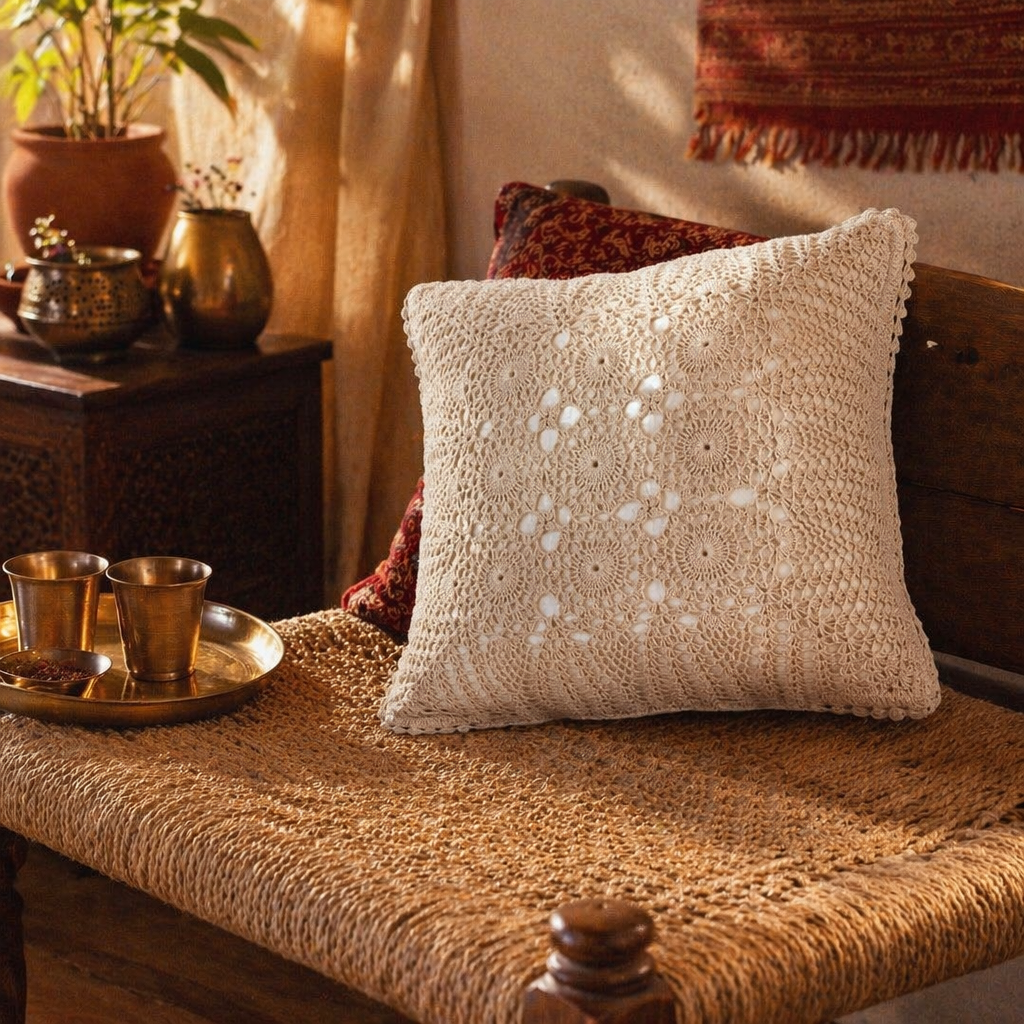 White Crochet Handmade Cotton Cushion Cover, The Living Room. Handmade in India by House of Taraasha.