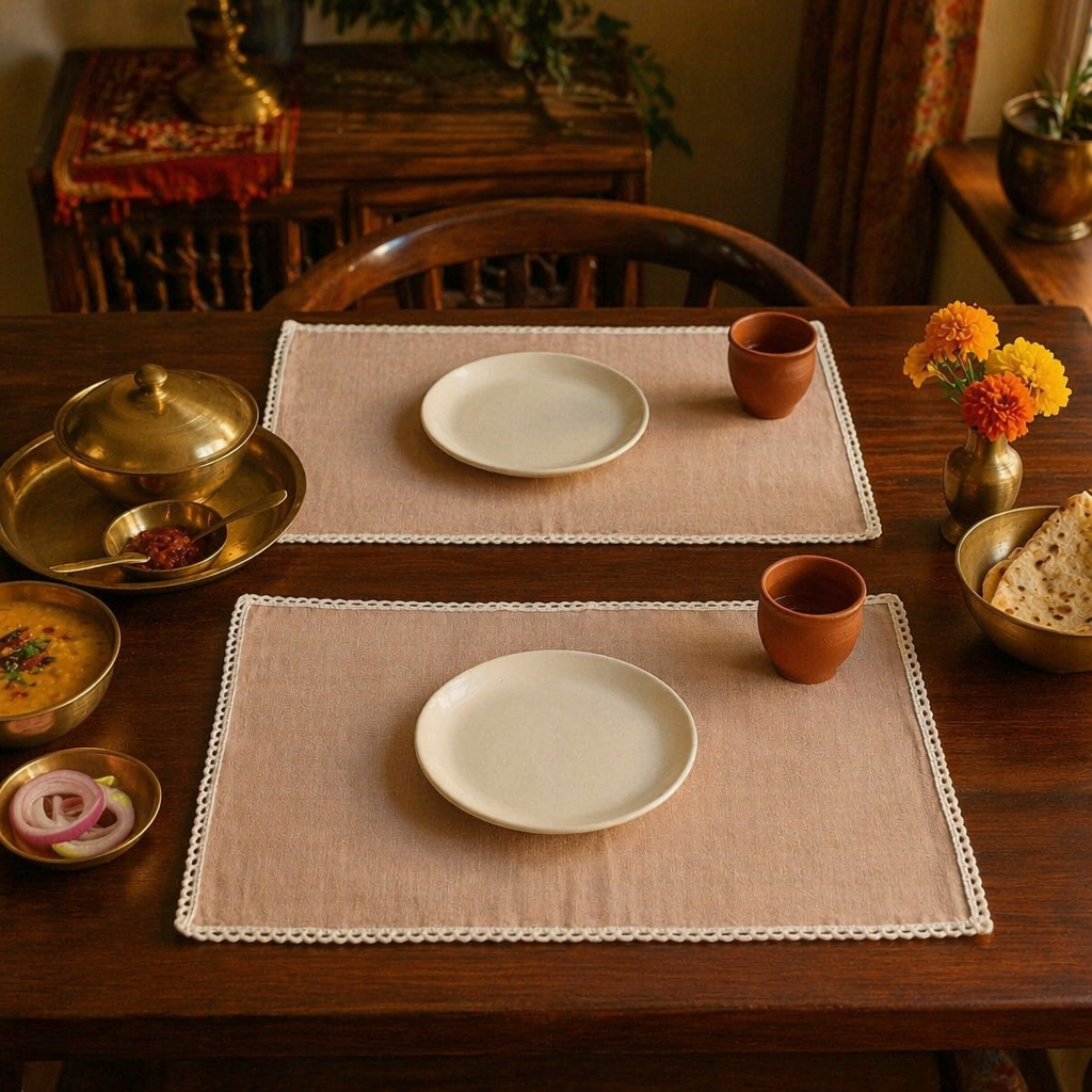 Crochet-Edged Table Mats Taupe and Off-White, The Gathered Table. Handmade in India by House of Taraasha.