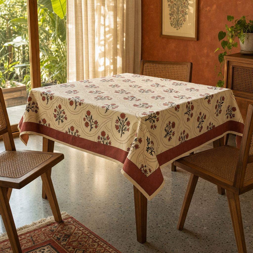 Rust & Maroon Ornate Floral Cotton Tablecloth in a modern home
