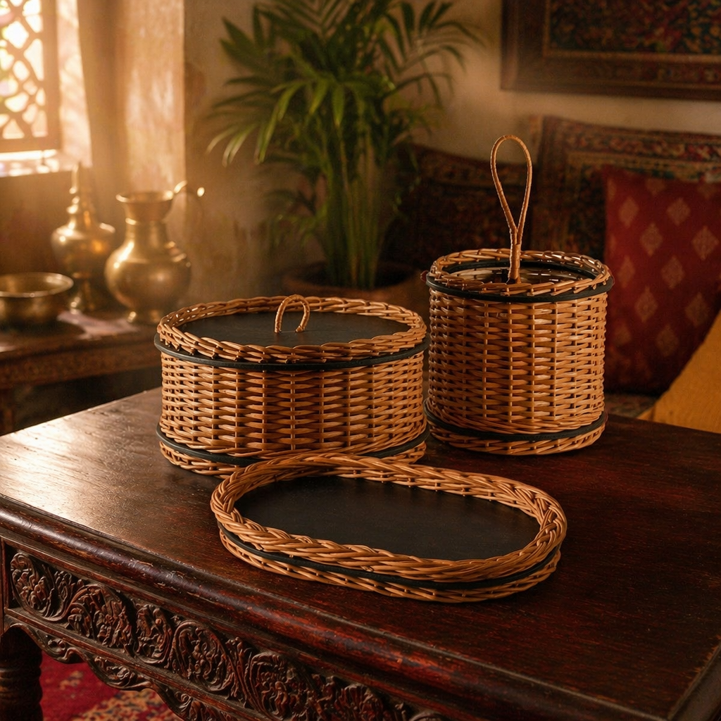 Kashmir Willow Storage Box, Tray & Cutlery Caddy, The Brass Atelier. Handmade in India by House of Taraasha.