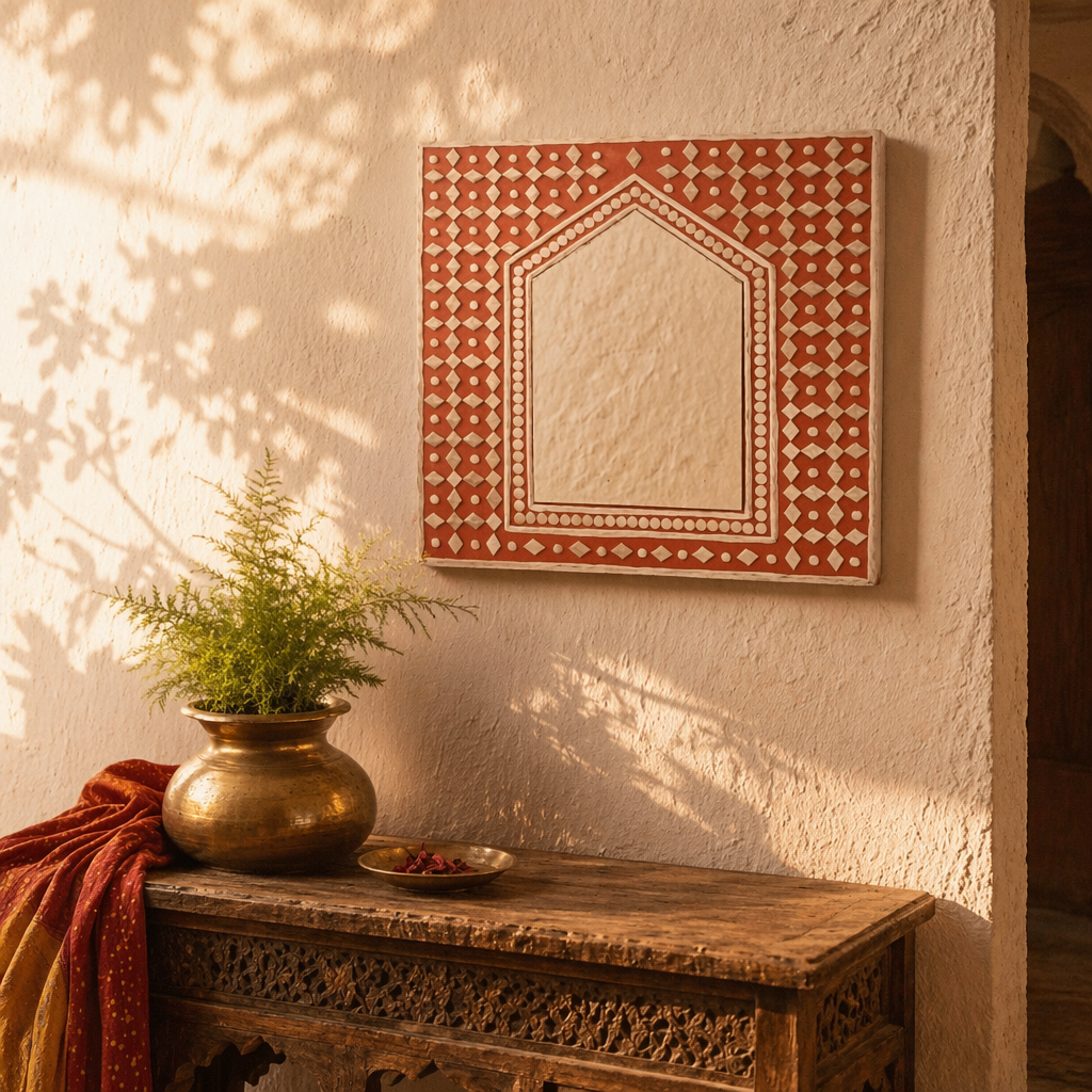 Brick Red Lippan Mirror Kutch Mud and Glass, The Art Wall. Handmade in India by House of Taraasha.