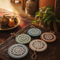 Lippan Mud Art Hanging Ornaments Pastel Set of Five, Still Light. Handmade in India by House of Taraasha.