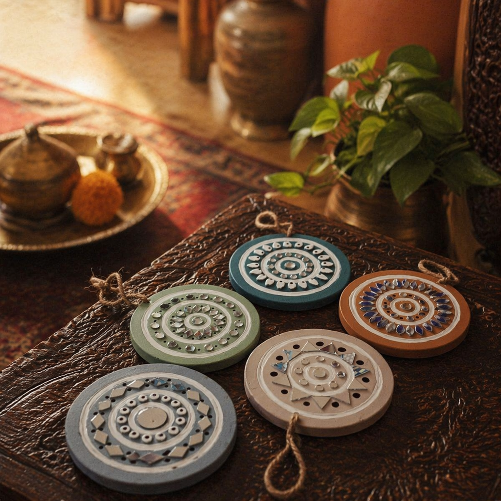 Lippan Mud Art Hanging Ornaments Pastel Set of Five, Still Light. Handmade in India by House of Taraasha.